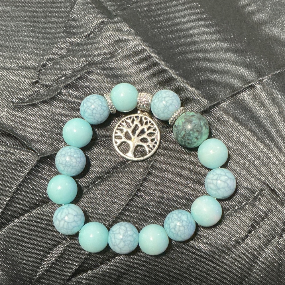 Silver Tree Charm Turquoise Beaded Bracelet